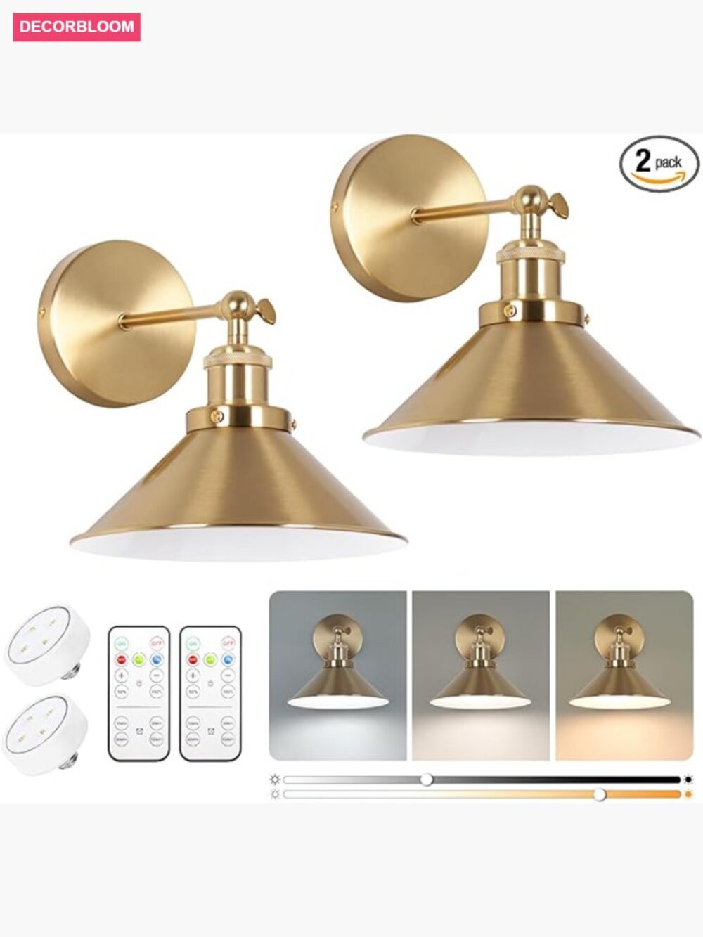 Battery Operated Wall Sconce Set of Two, Cordless, Dimmable with Remote, Living